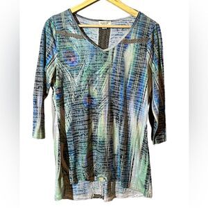 One World Sublimation Top 3/4 Sleeve Peacock Feather Print Size Medium